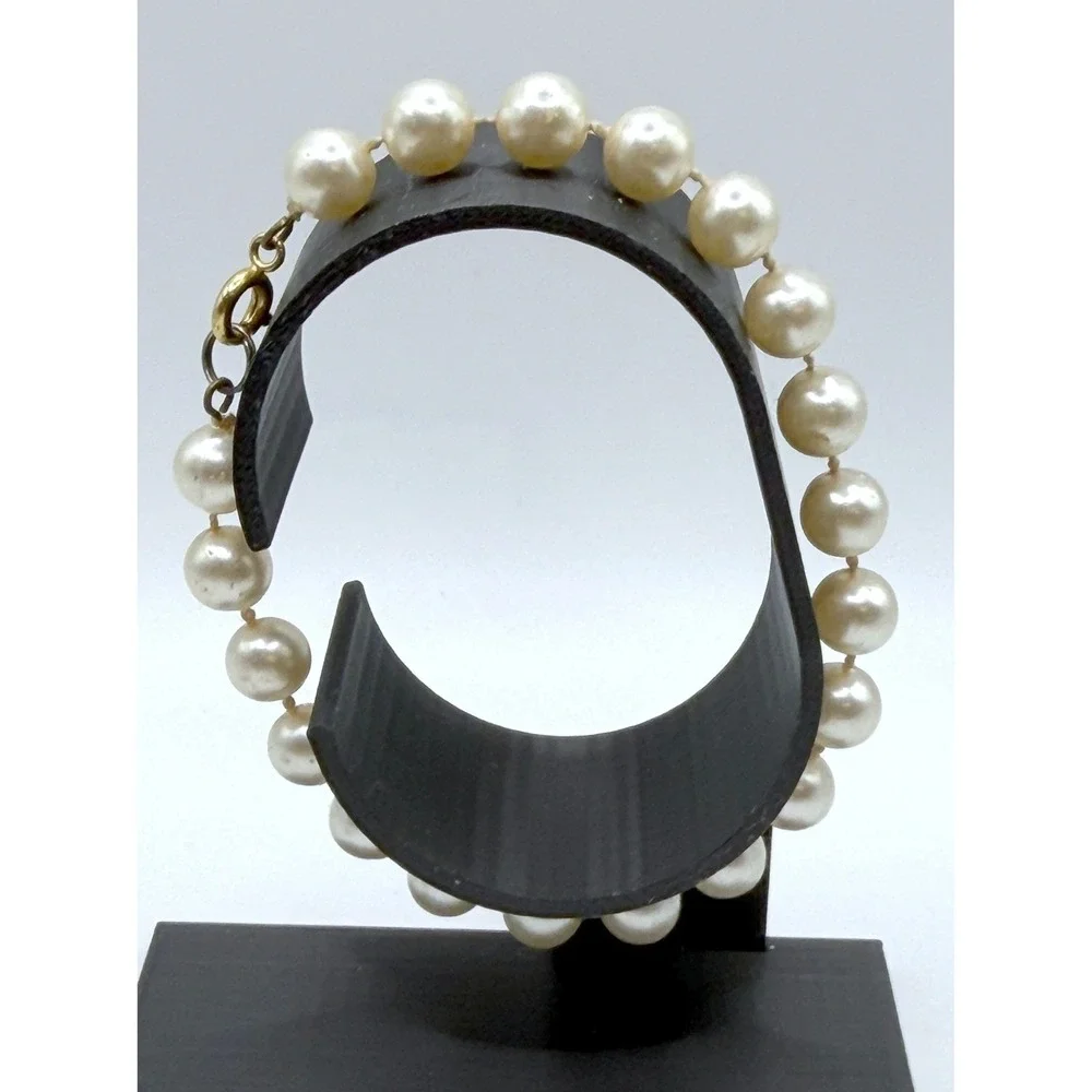 Vintage‎ Style Cream Faux Pearl Bracelet 8" Hand Knotted Gold Tone Clasp_2